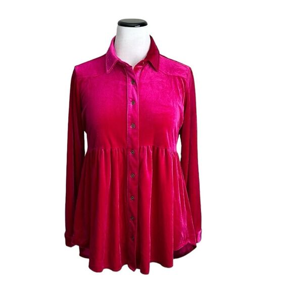 Umgee Women’s Velvet Tunic Button Down Peplum Top in Raspberry Size S - Picture 3 of 12